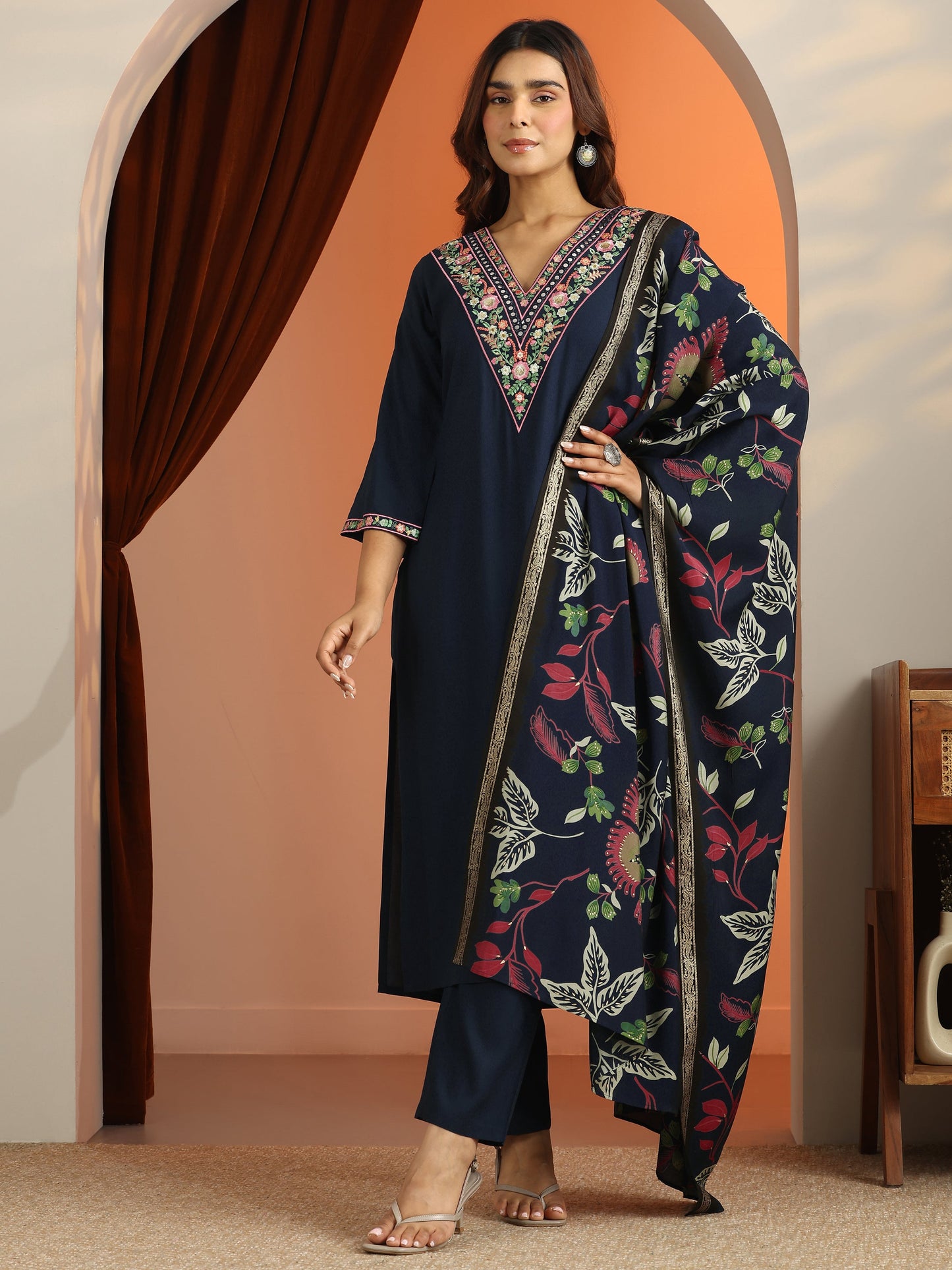 Navy Blue Embroidered Rayon Straight Suit Set With Dupatta