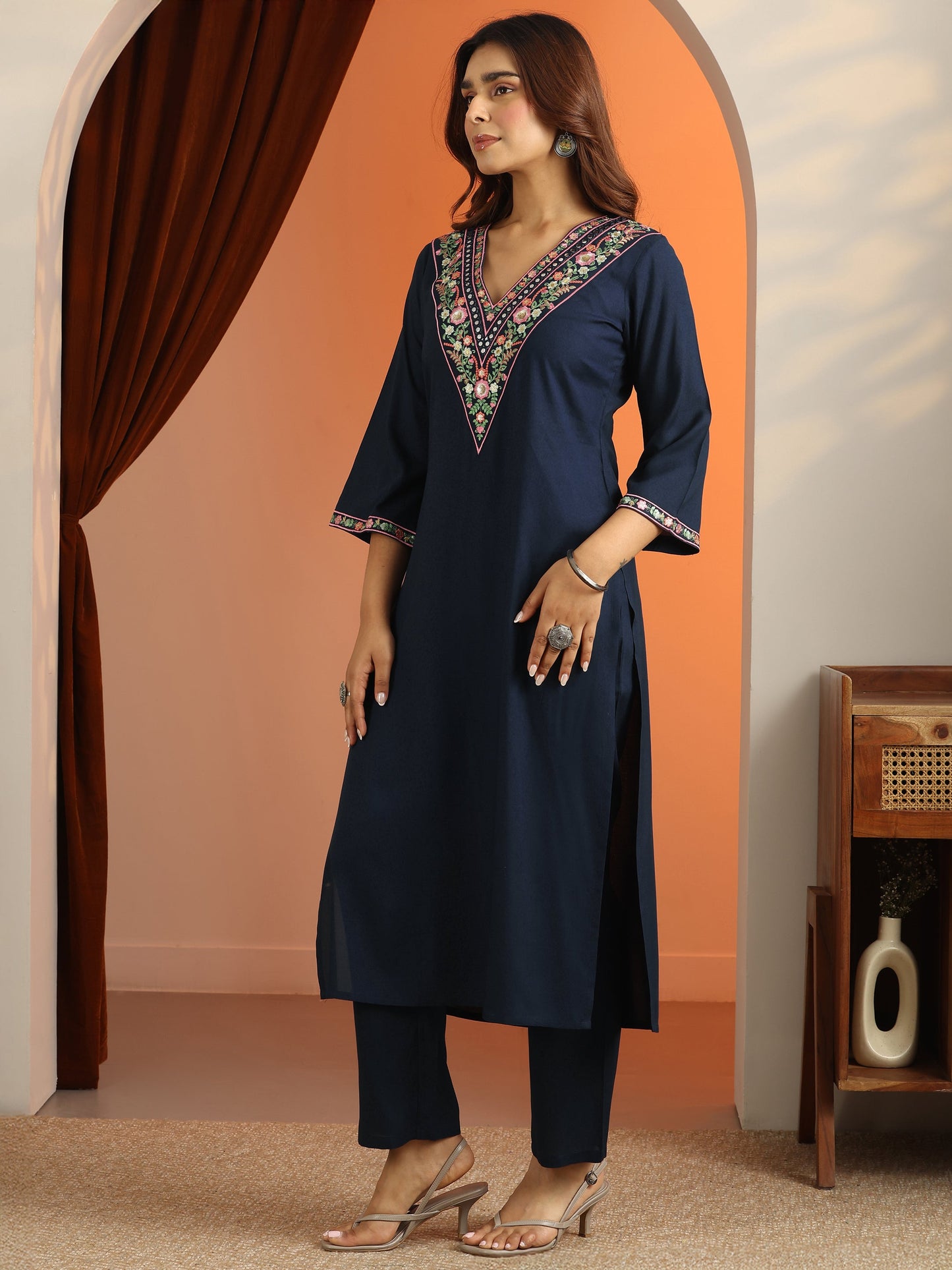 Navy Blue Embroidered Rayon Straight Suit Set With Dupatta