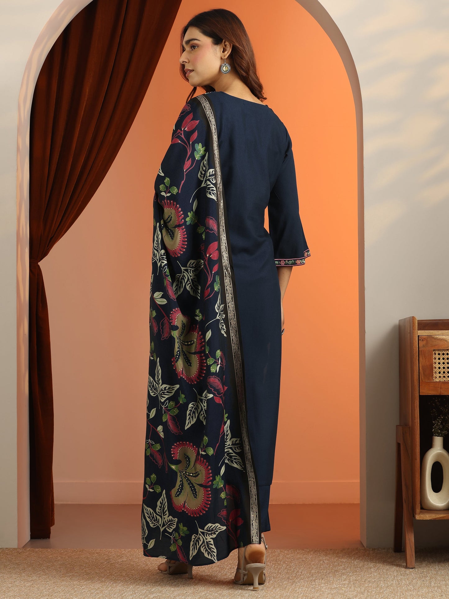 Navy Blue Embroidered Rayon Straight Suit Set With Dupatta