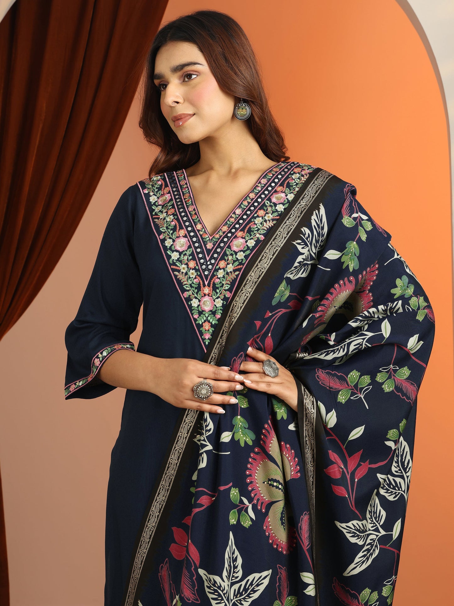 Navy Blue Embroidered Rayon Straight Suit Set With Dupatta