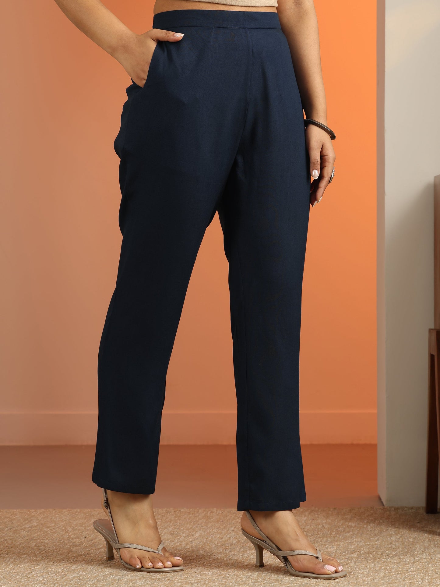 Navy Blue Embroidered Rayon Straight Suit Set With Dupatta