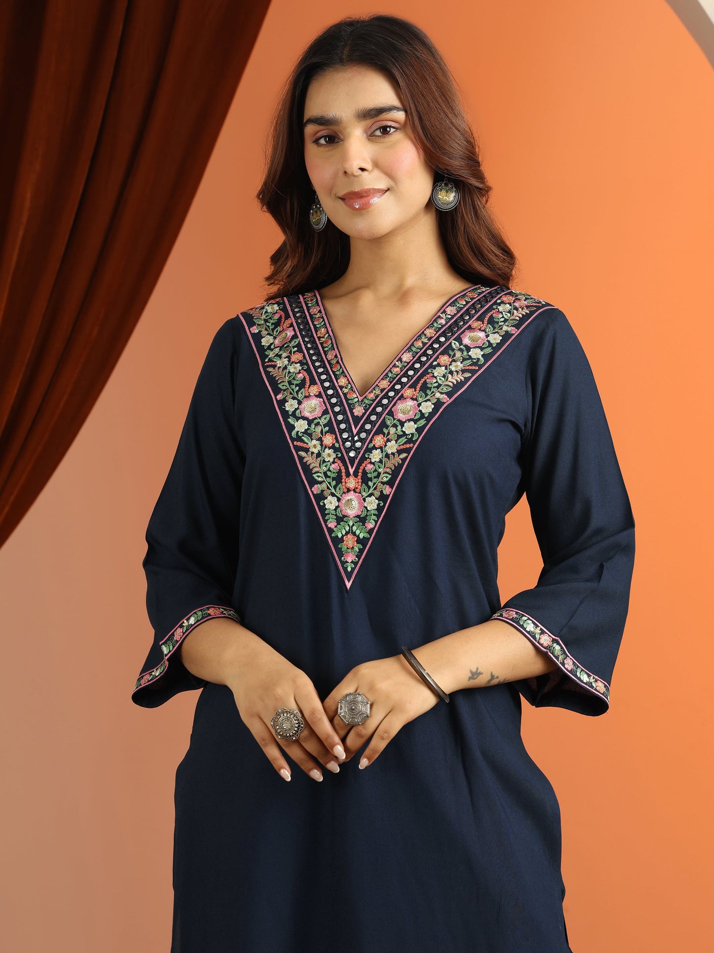 Navy Blue Embroidered Rayon Straight Suit Set With Dupatta