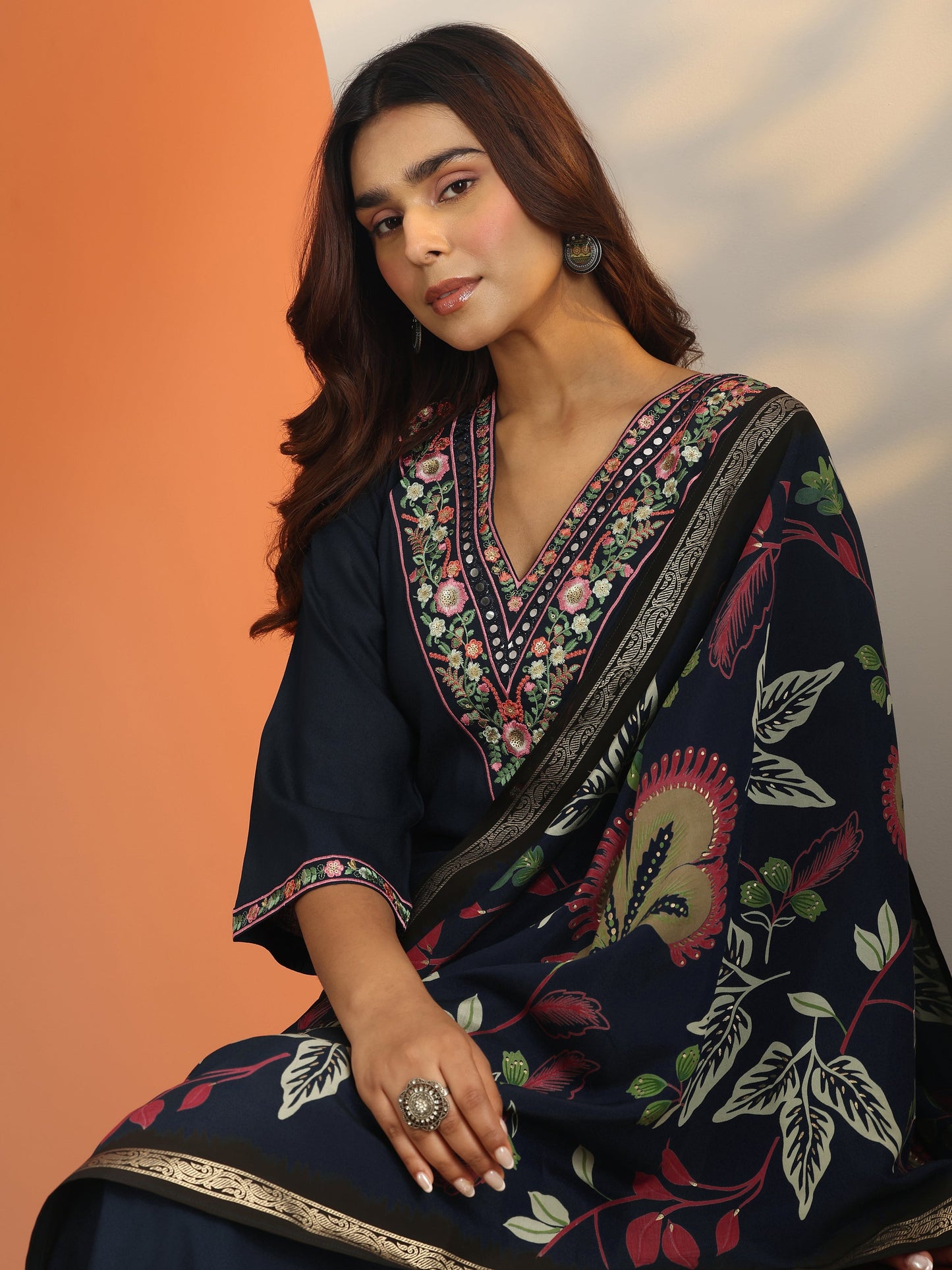 Navy Blue Embroidered Rayon Straight Suit Set With Dupatta