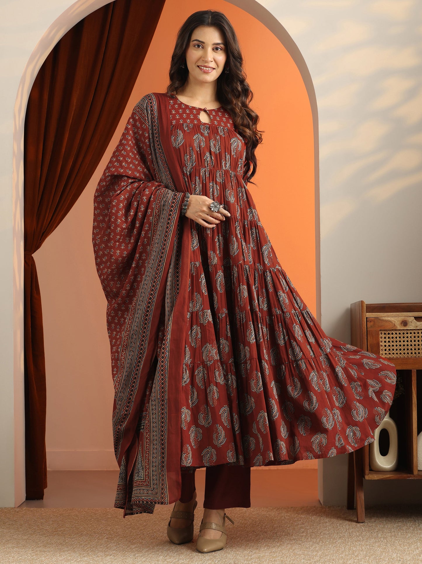 Rust Printed Cotton Anarkali Suit Set With Dupatta