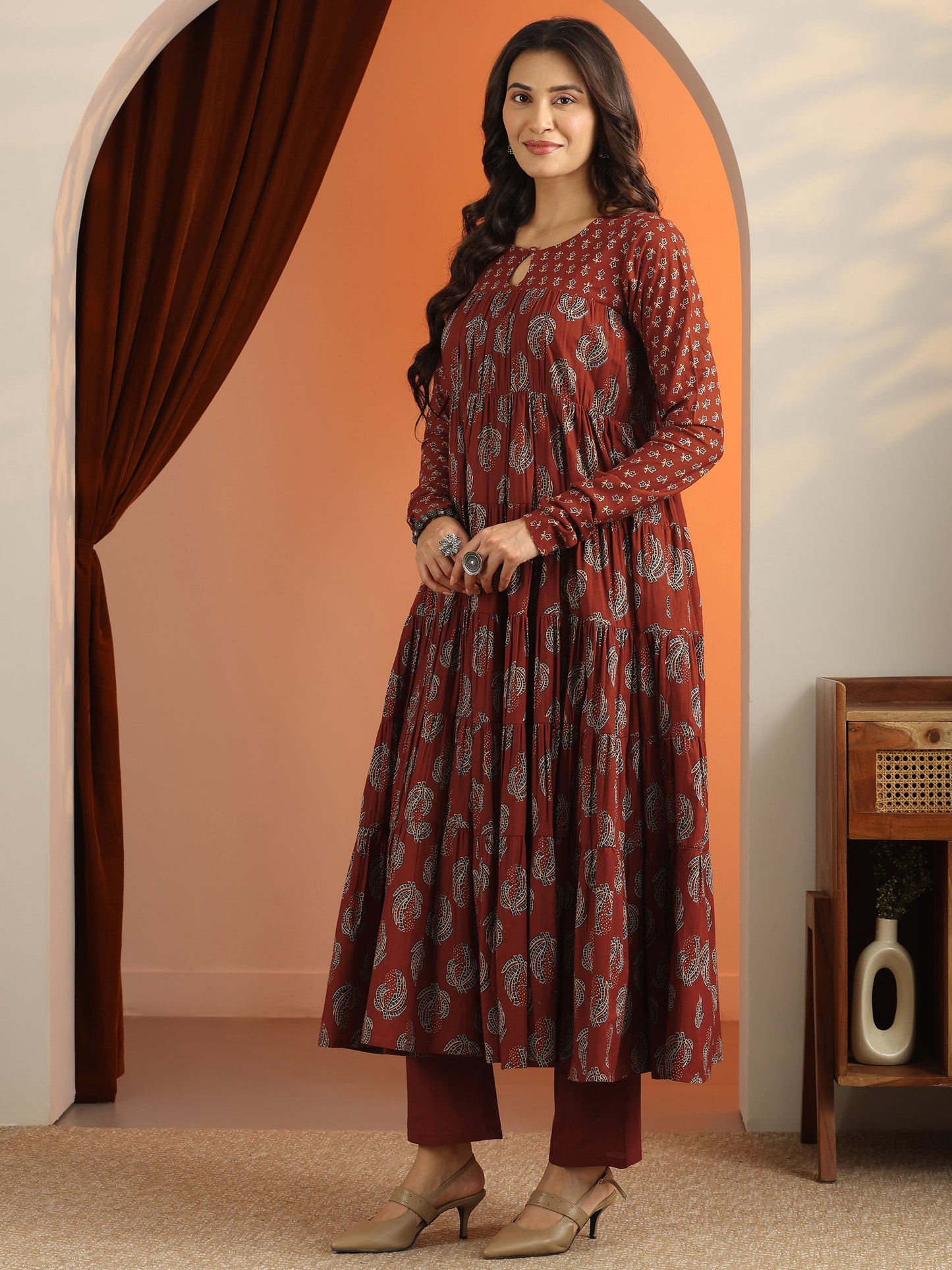 Rust Printed Cotton Anarkali Suit Set With Dupatta