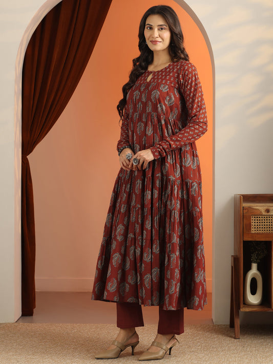 Rust Printed Cotton Anarkali Suit Set With Dupatta