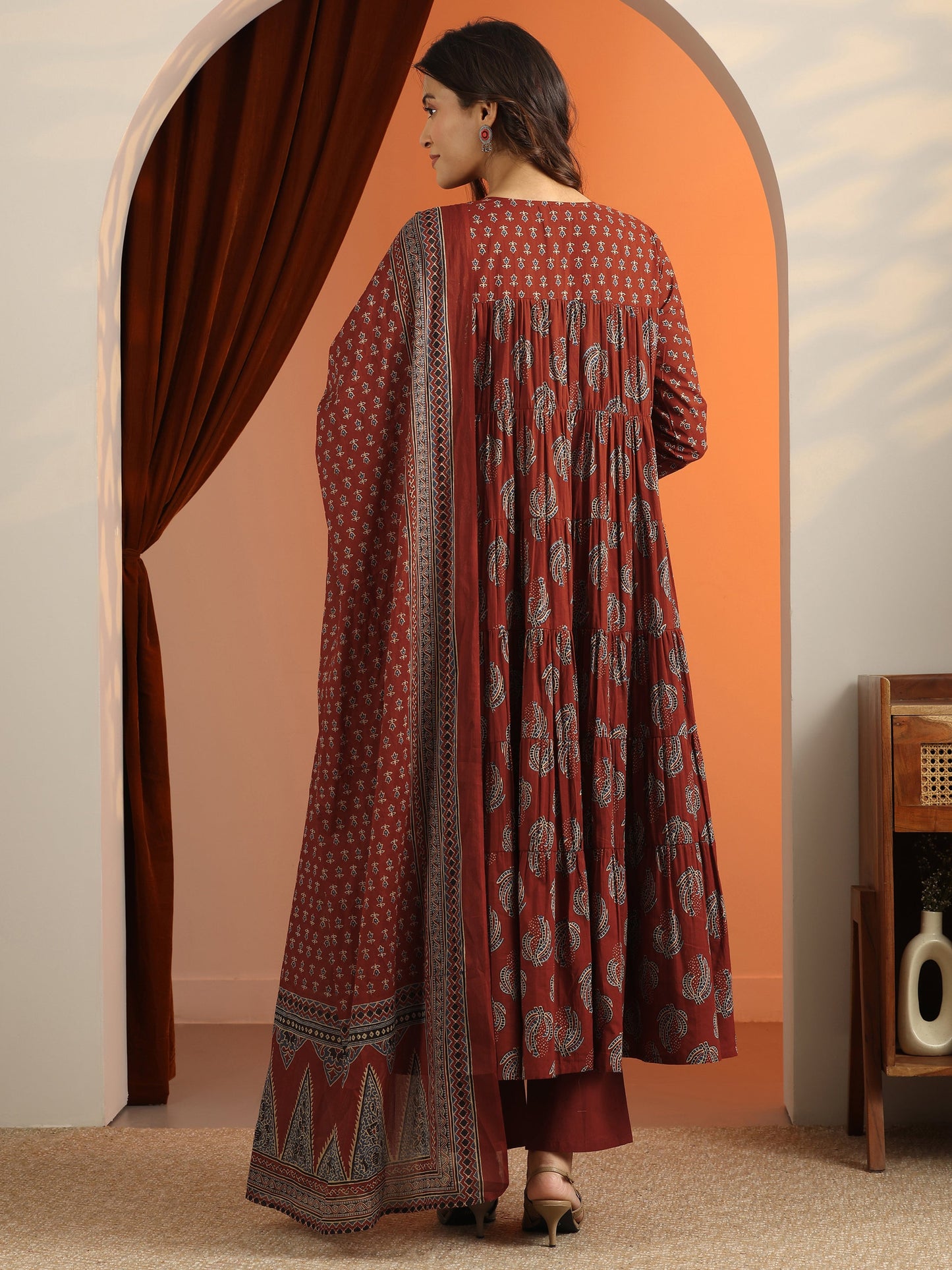 Rust Printed Cotton Anarkali Suit Set With Dupatta