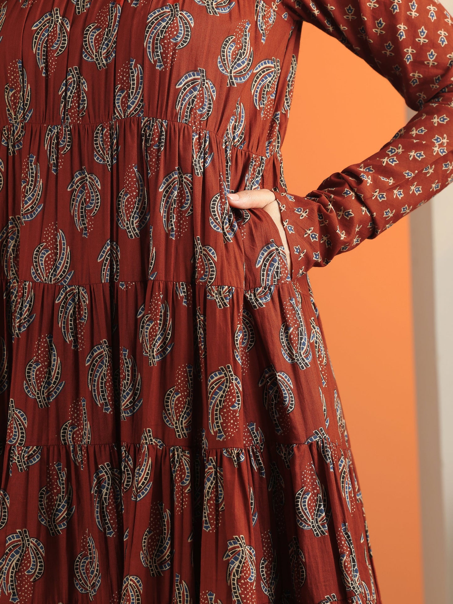 Rust Printed Cotton Anarkali Suit Set With Dupatta