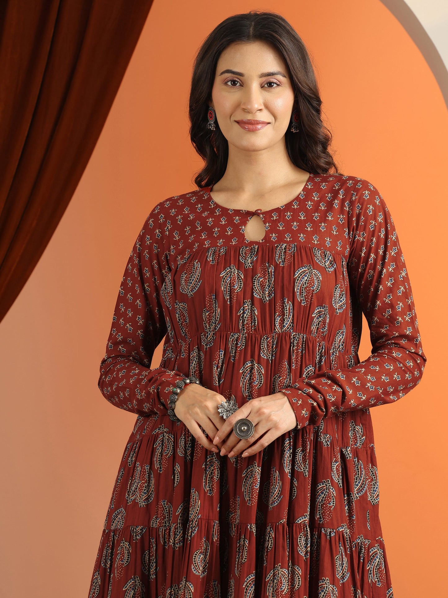 Rust Printed Cotton Anarkali Suit Set With Dupatta