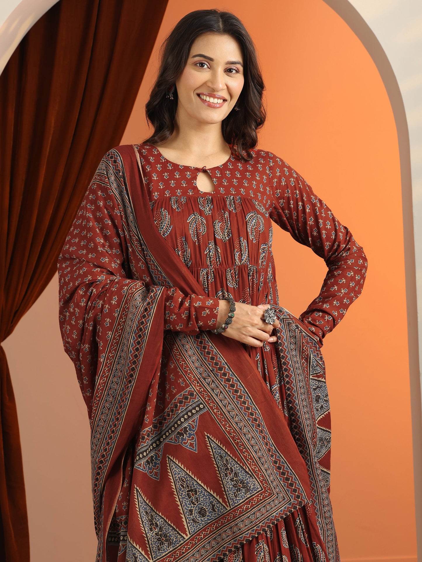 Rust Printed Cotton Anarkali Suit Set With Dupatta