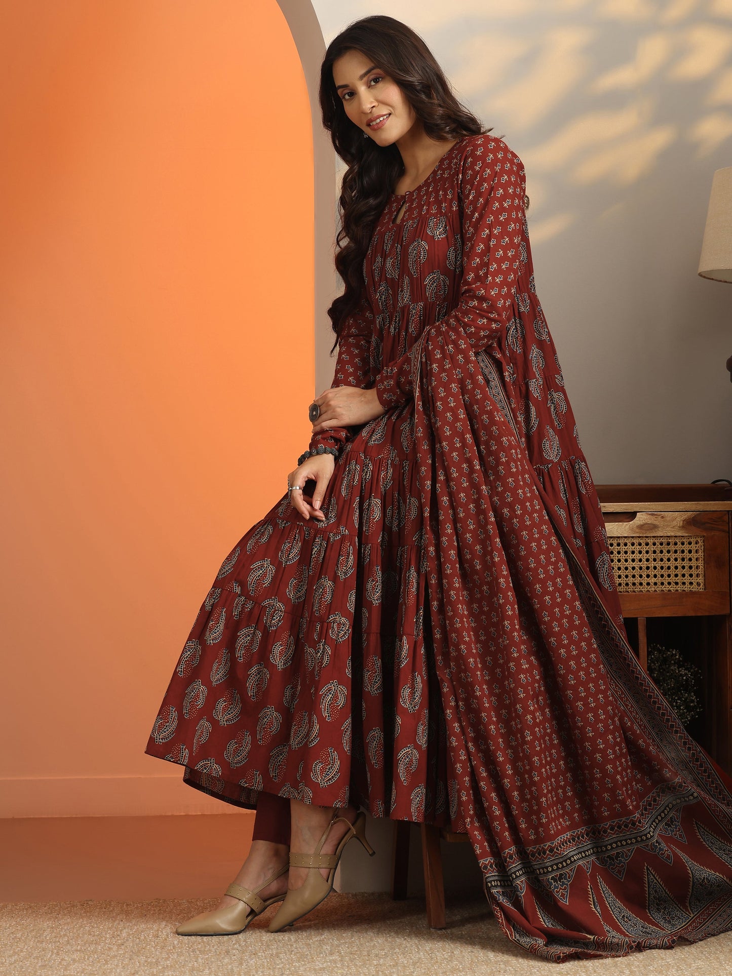 Rust Printed Cotton Anarkali Suit Set With Dupatta