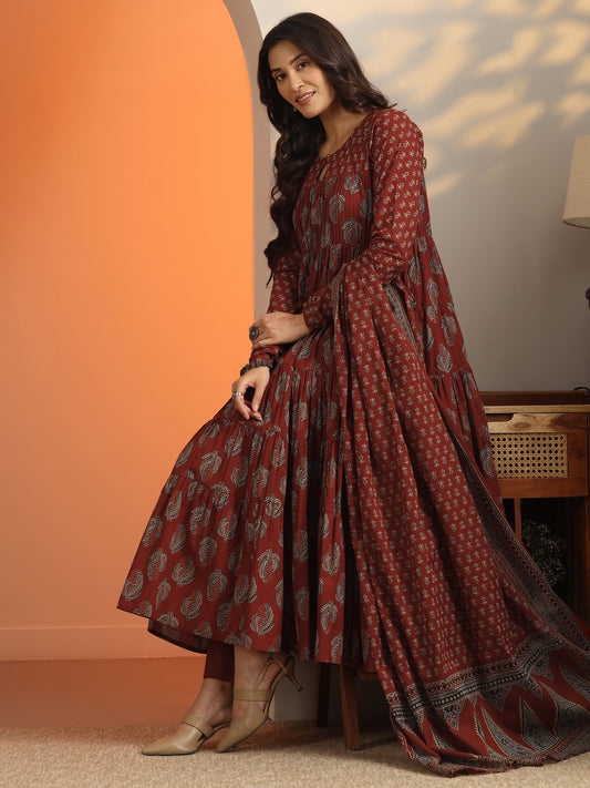 Rust Printed Cotton Anarkali Suit Set With Dupatta