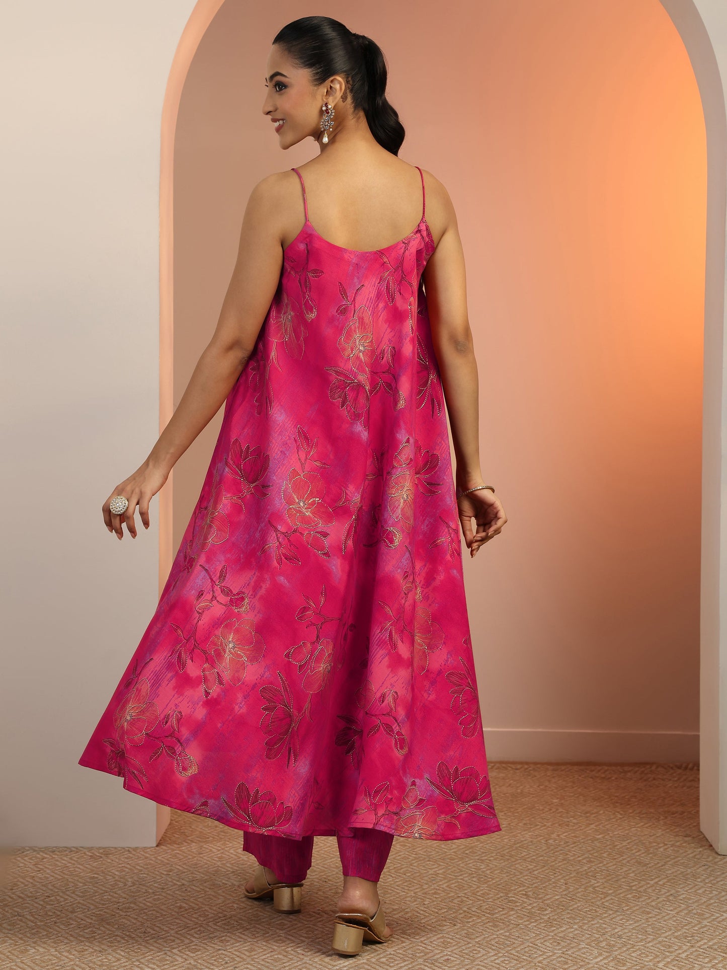 Pink Printed Silk Blend Straight Kurta Set