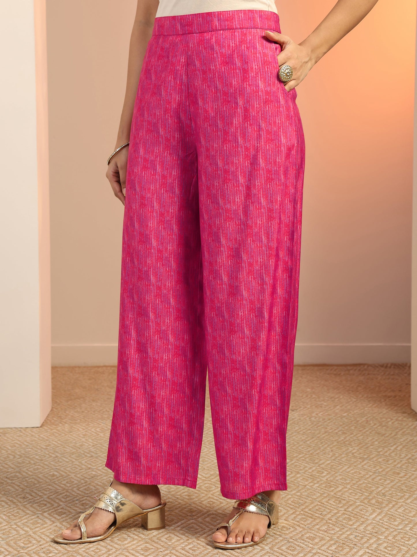 Pink Printed Silk Blend Straight Kurta Set