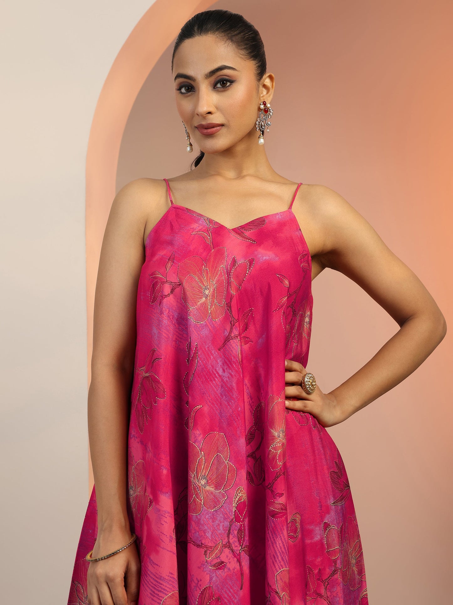 Pink Printed Silk Blend Straight Kurta Set