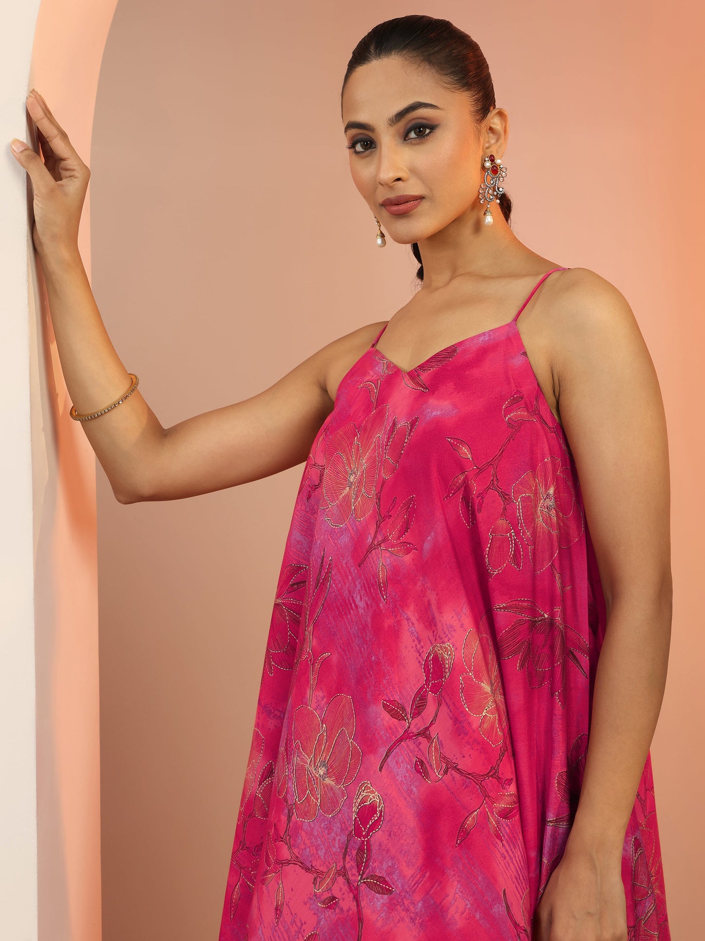 Pink Printed Silk Blend Straight Kurta Set