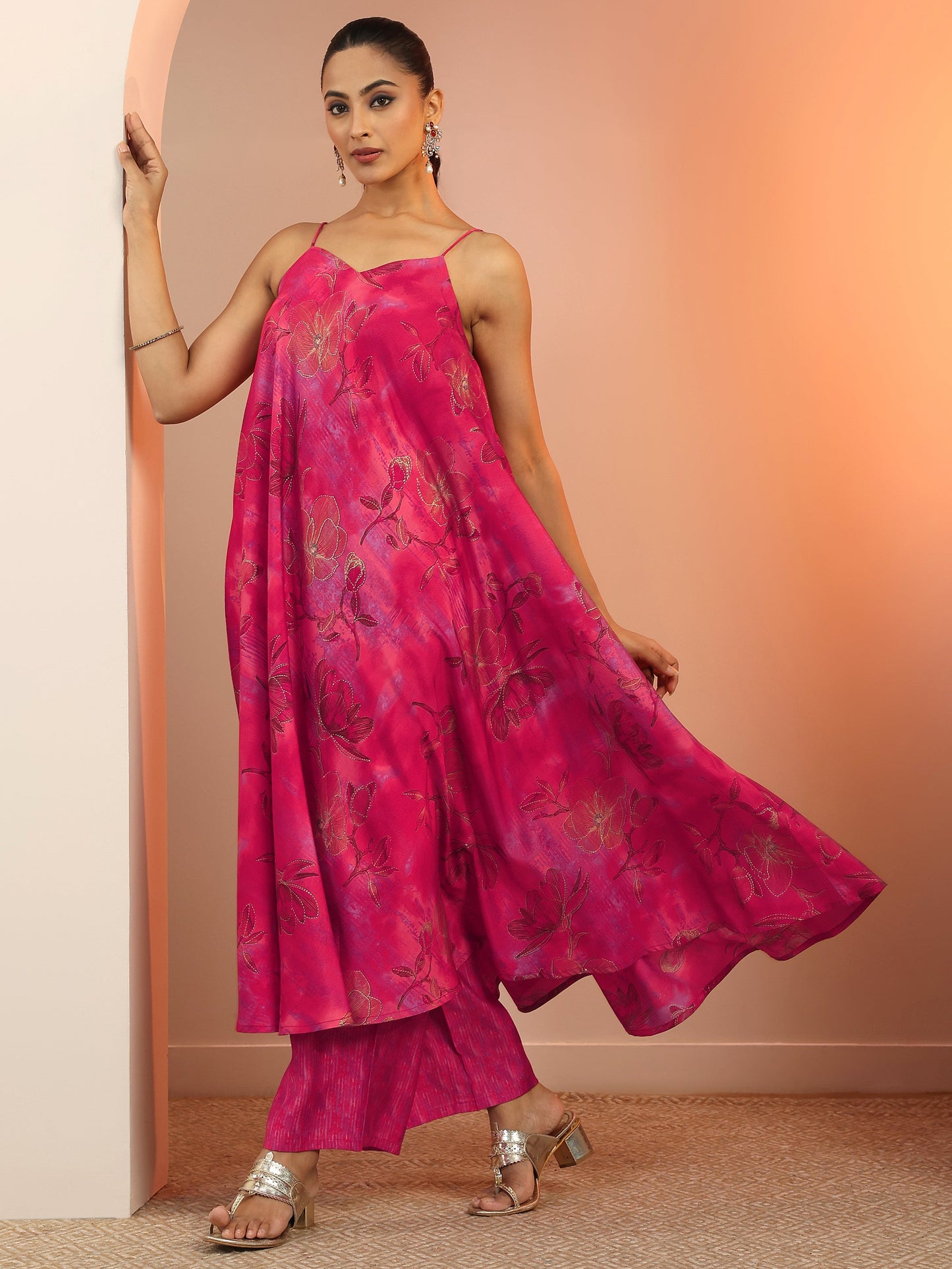 Pink Printed Silk Blend Straight Kurta Set