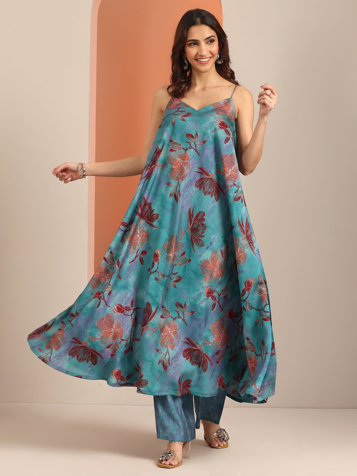 Blue Printed Silk Blend Fit And Flare Kurta Set