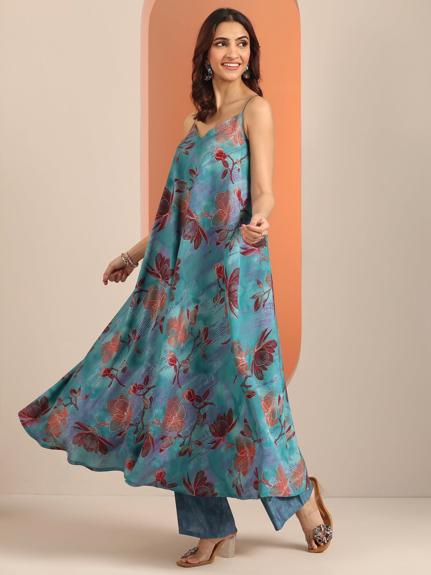 Blue Printed Silk Blend Fit And Flare Kurta Set