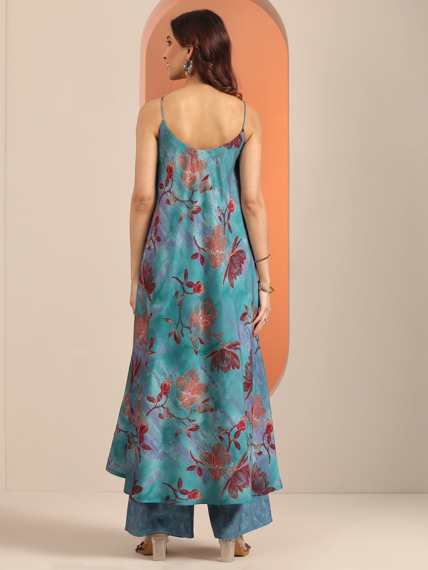 Blue Printed Silk Blend Fit And Flare Kurta Set