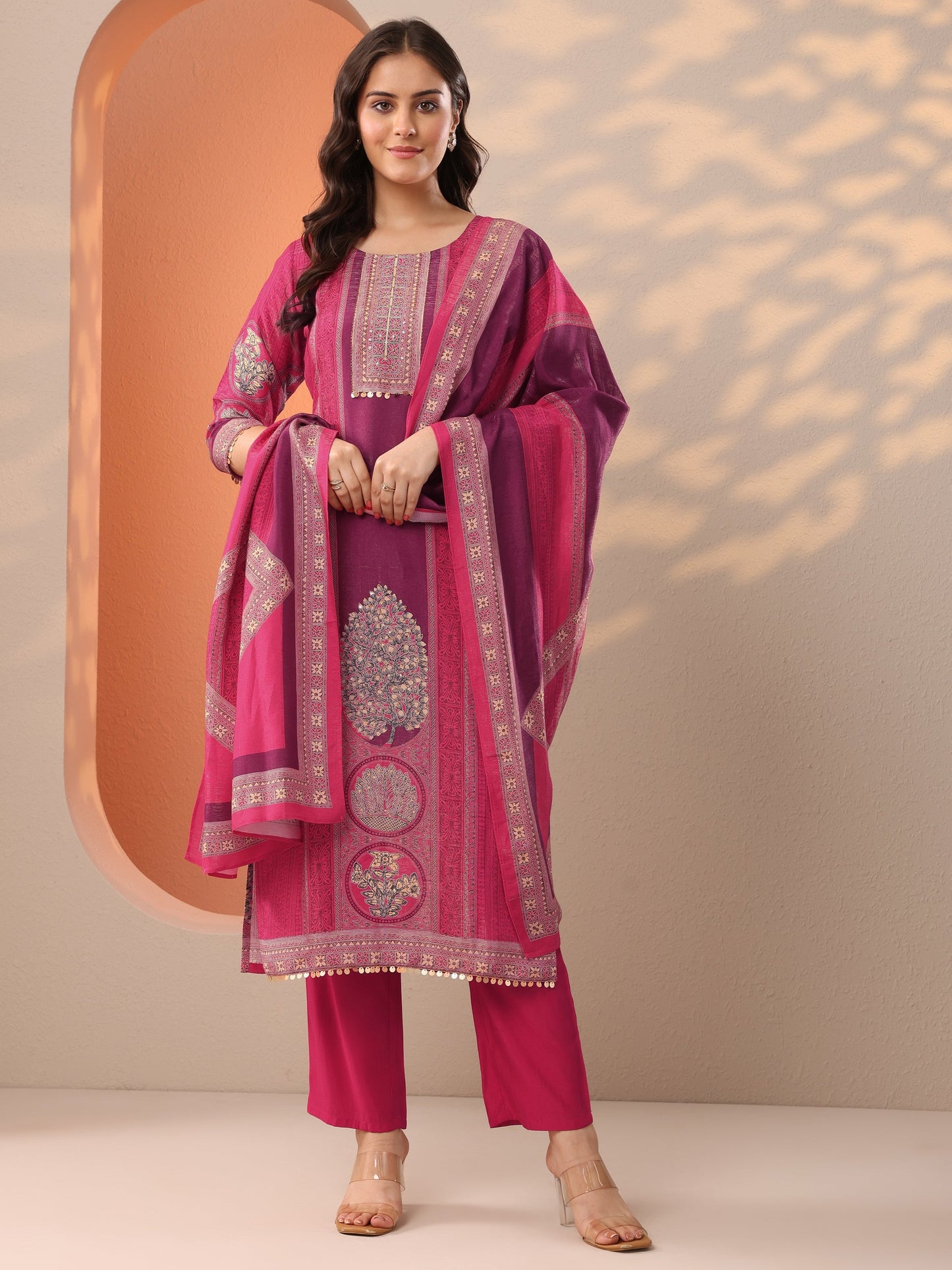 Pink Printed Silk Blend Straight Suit Set With Dupatta