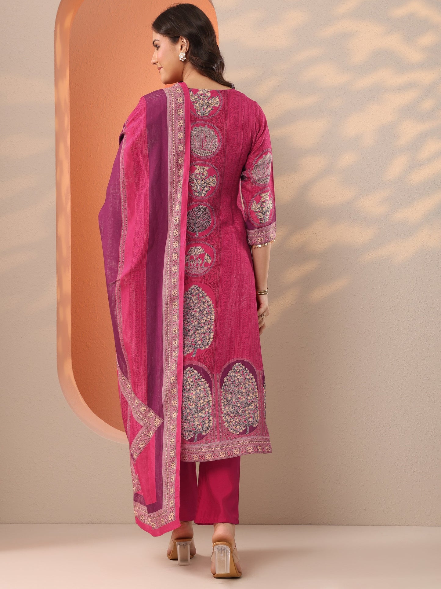 Pink Printed Silk Blend Straight Suit Set With Dupatta