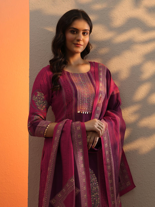 Pink Printed Silk Blend Straight Suit Set With Dupatta