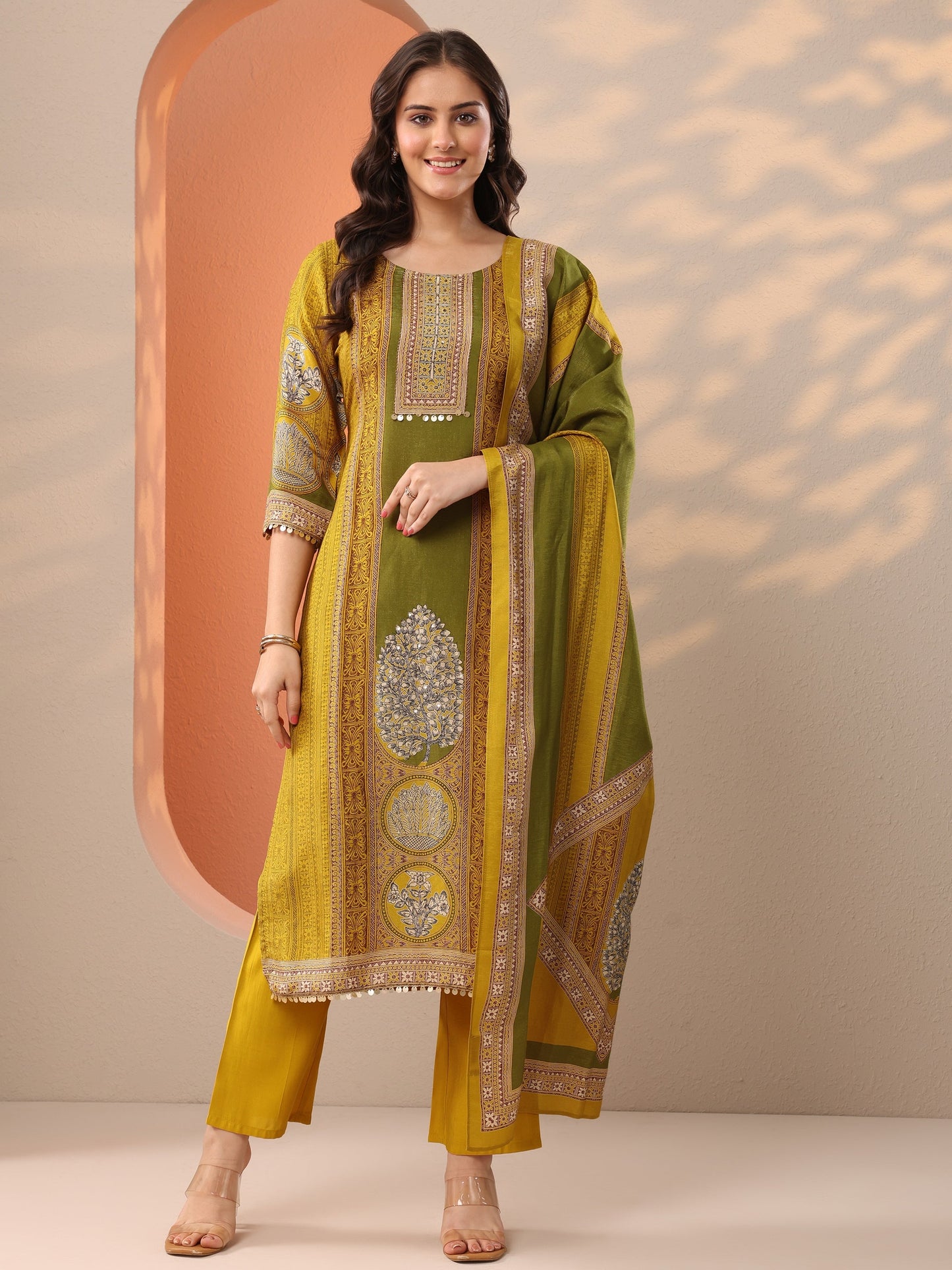 Mustard Printed Silk Blend Straight Suit Set With Dupatta