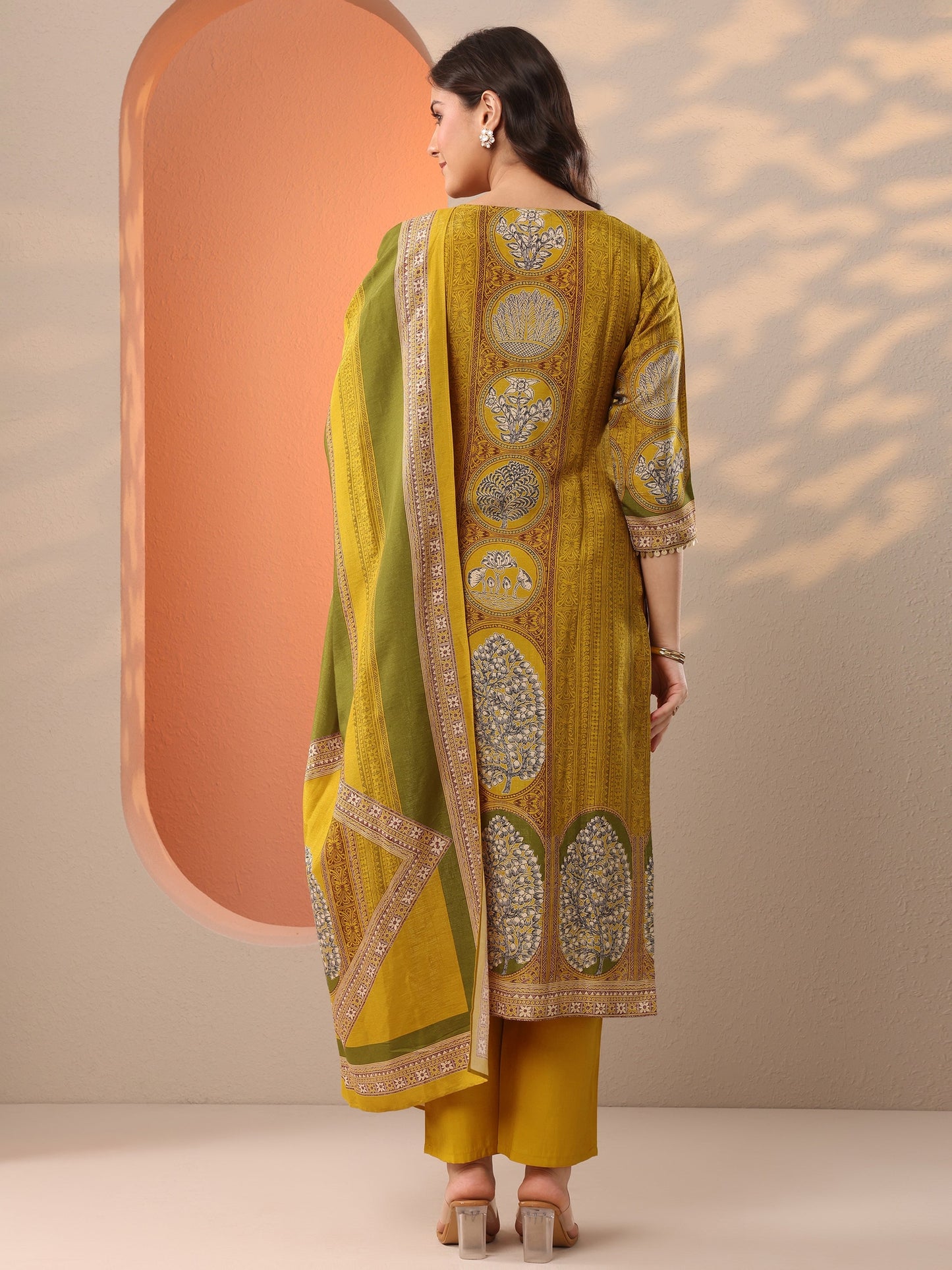 Mustard Printed Silk Blend Straight Suit Set With Dupatta