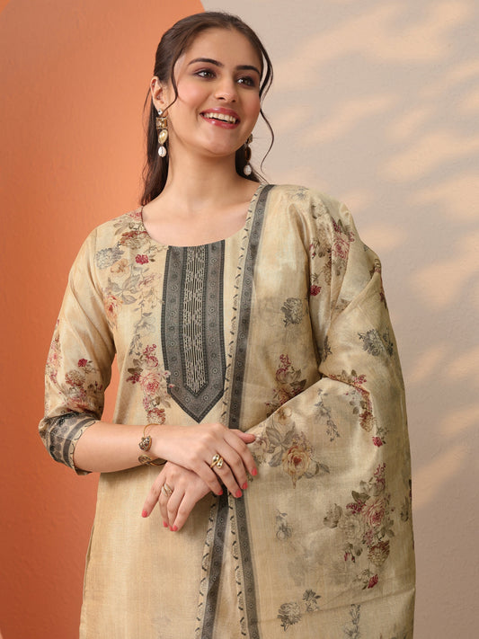Beige Printed Silk Blend Straight Suit Set With Dupatta