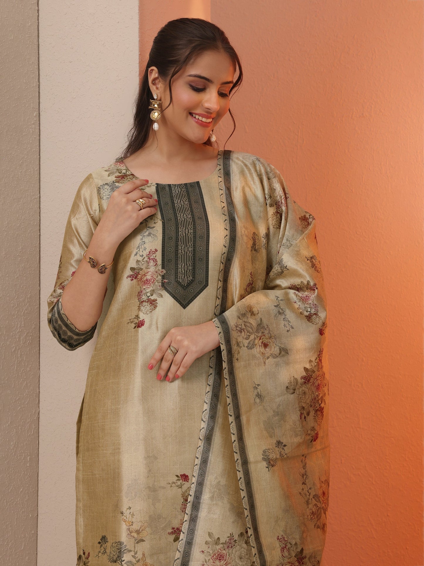 Beige Printed Silk Blend Straight Suit Set With Dupatta