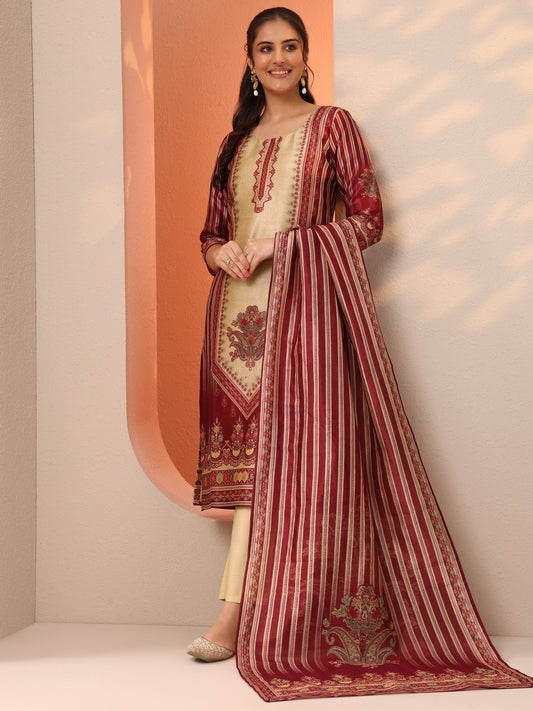 Beige Printed Silk Blend Straight Suit Set With Dupatta