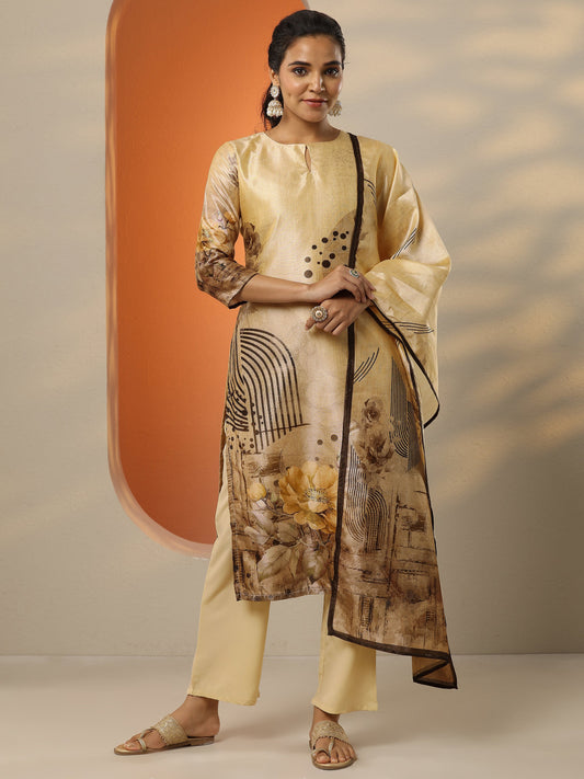 Beige Printed Silk Blend Straight Suit Set With Dupatta