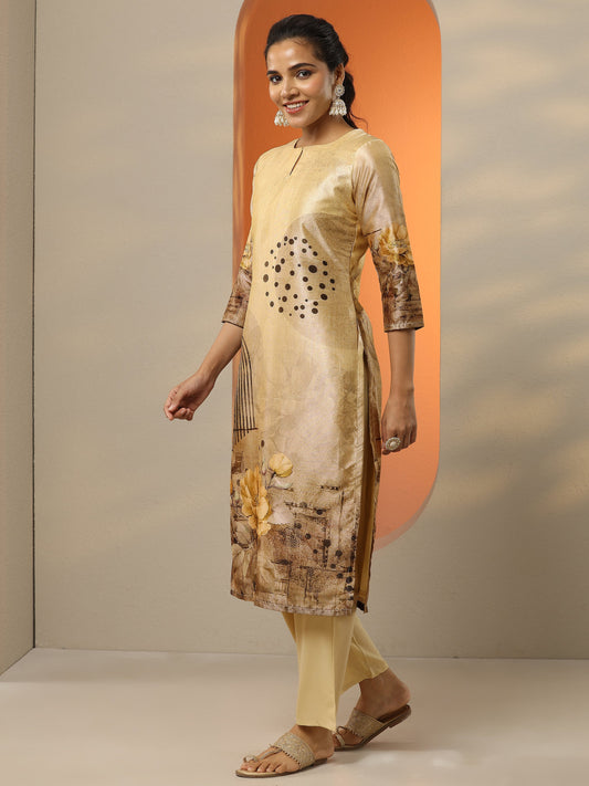 Beige Printed Silk Blend Straight Suit Set With Dupatta