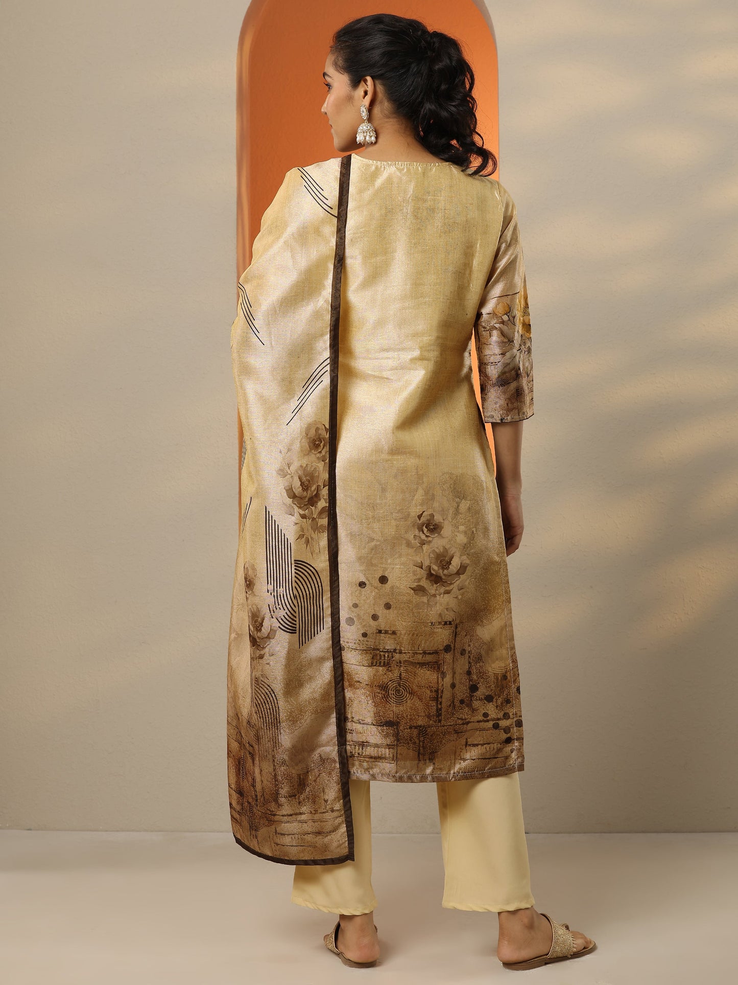 Beige Printed Silk Blend Straight Suit Set With Dupatta