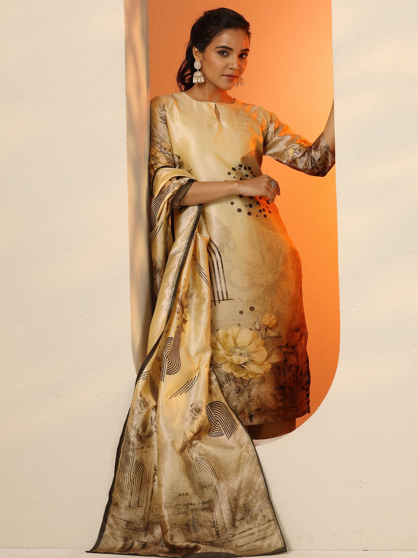 Beige Printed Silk Blend Straight Suit Set With Dupatta