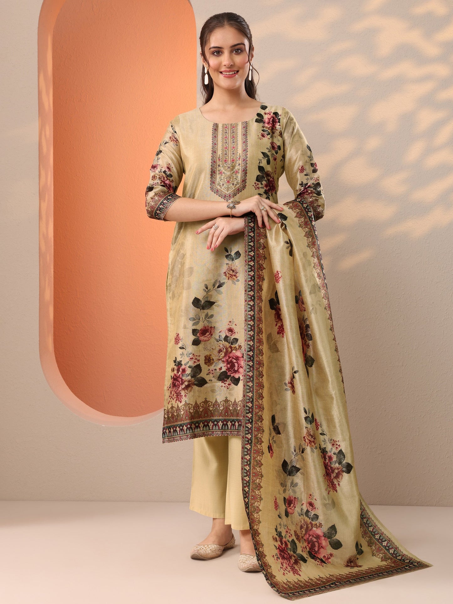 Beige Printed Silk Blend Straight Suit Set With Dupatta