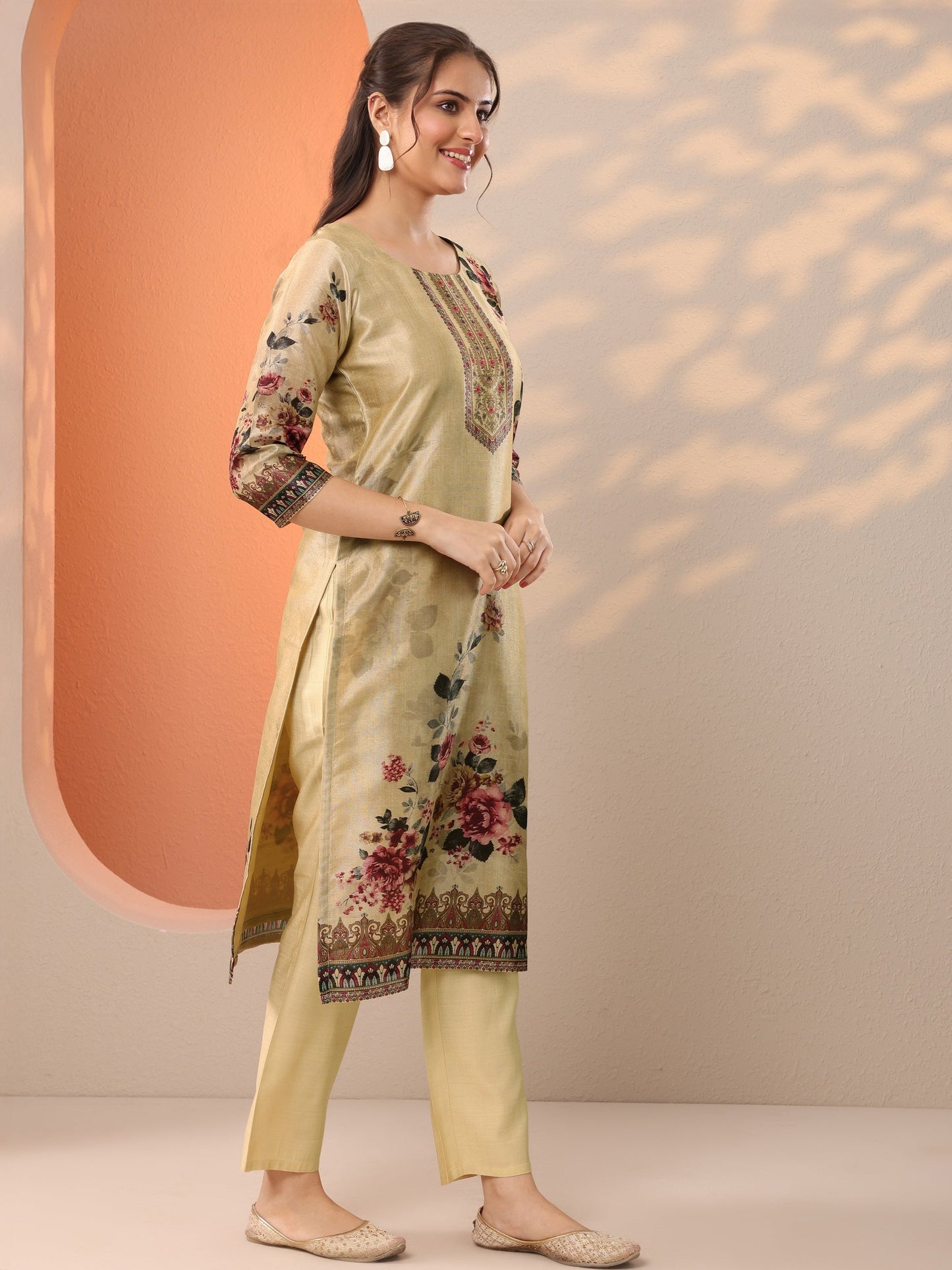 Beige Printed Silk Blend Straight Suit Set With Dupatta