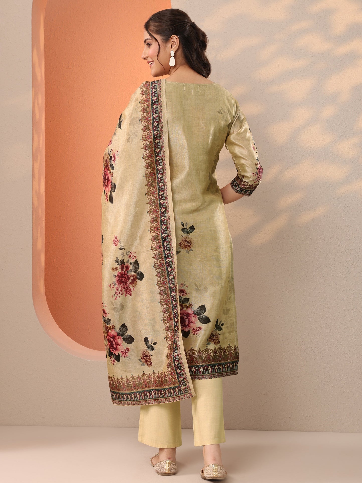 Beige Printed Silk Blend Straight Suit Set With Dupatta