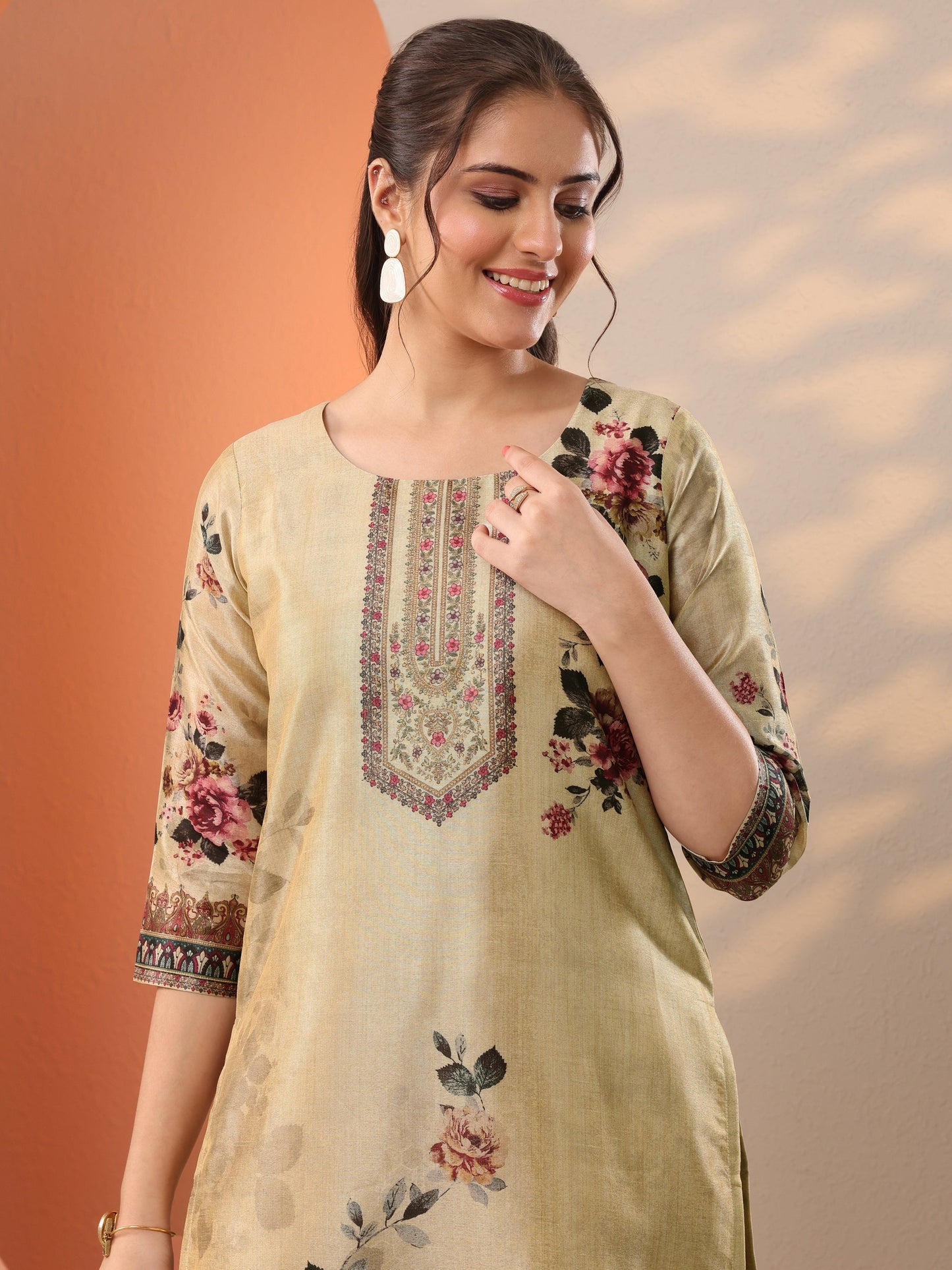 Beige Printed Silk Blend Straight Suit Set With Dupatta