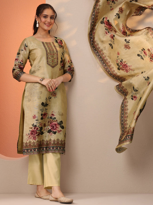 Beige Printed Silk Blend Straight Suit Set With Dupatta