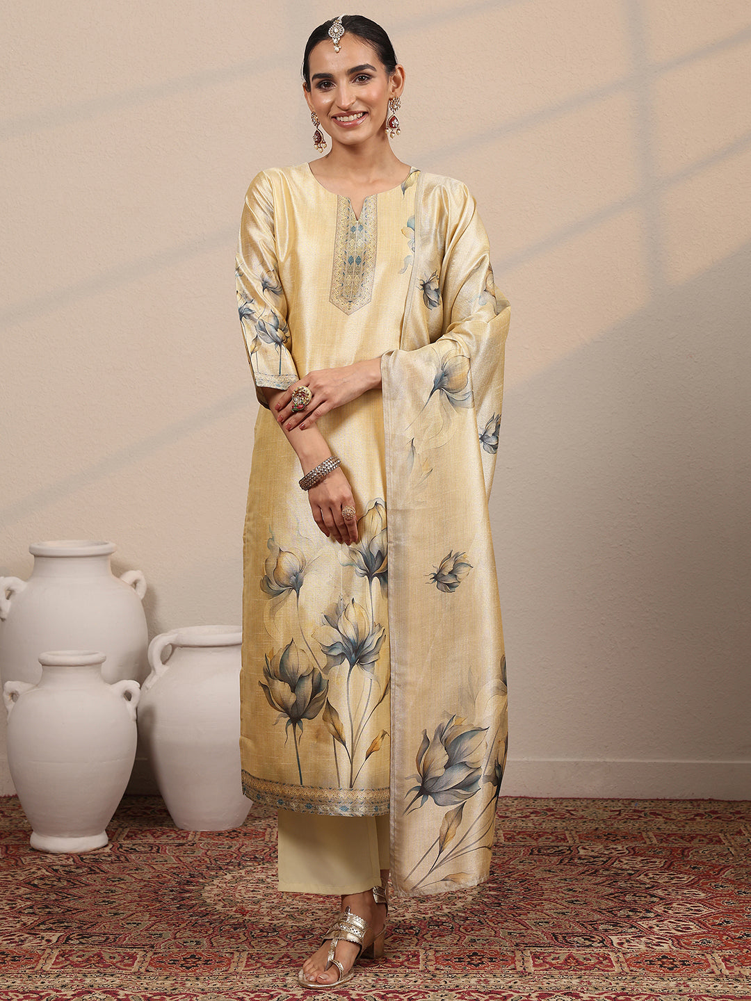 Beige Printed Silk Blend Straight Suit Set With Dupatta