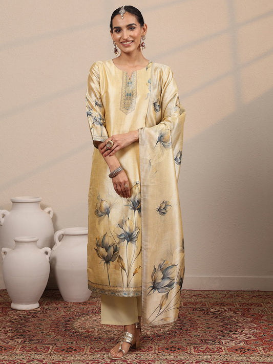Beige Printed Silk Blend Straight Suit Set With Dupatta
