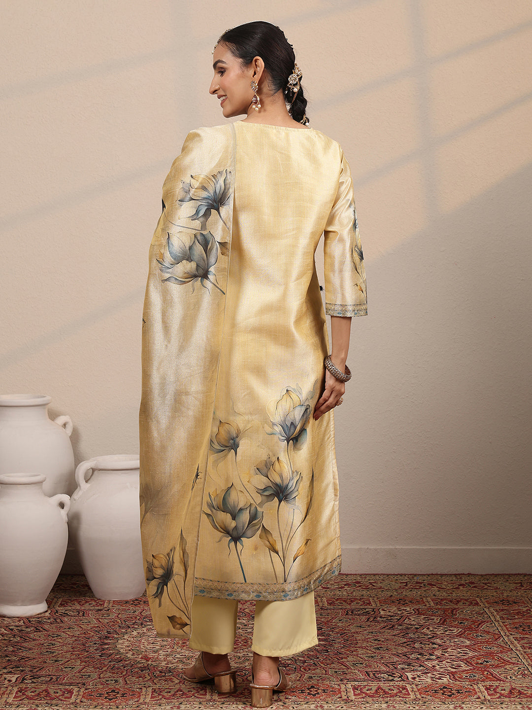 Beige Printed Silk Blend Straight Suit Set With Dupatta