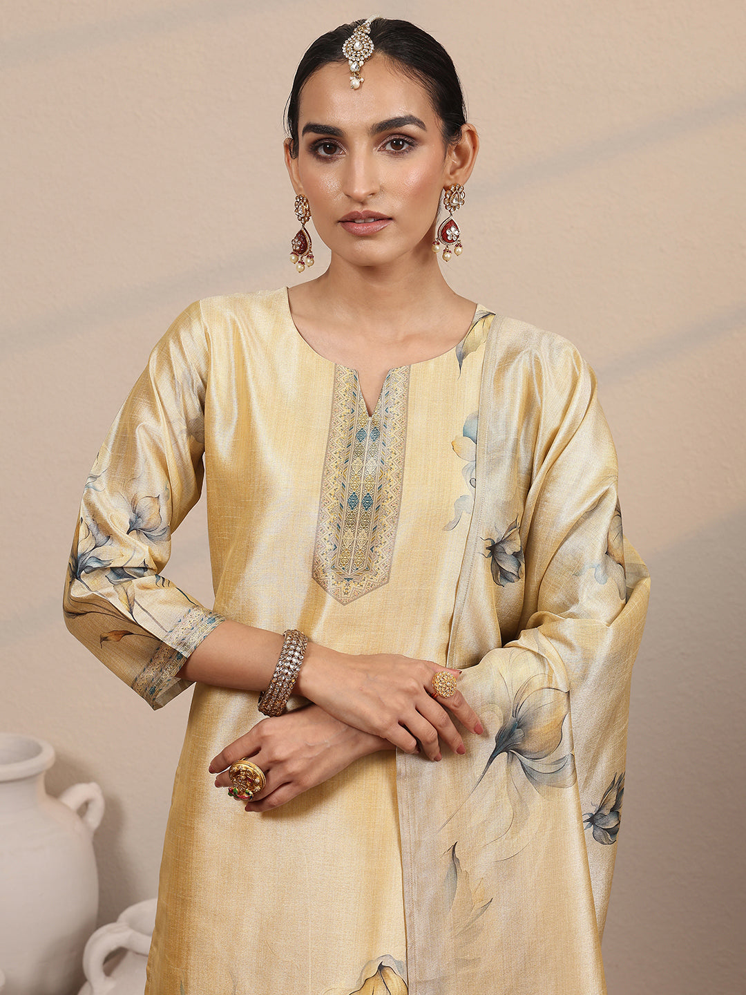 Beige Printed Silk Blend Straight Suit Set With Dupatta