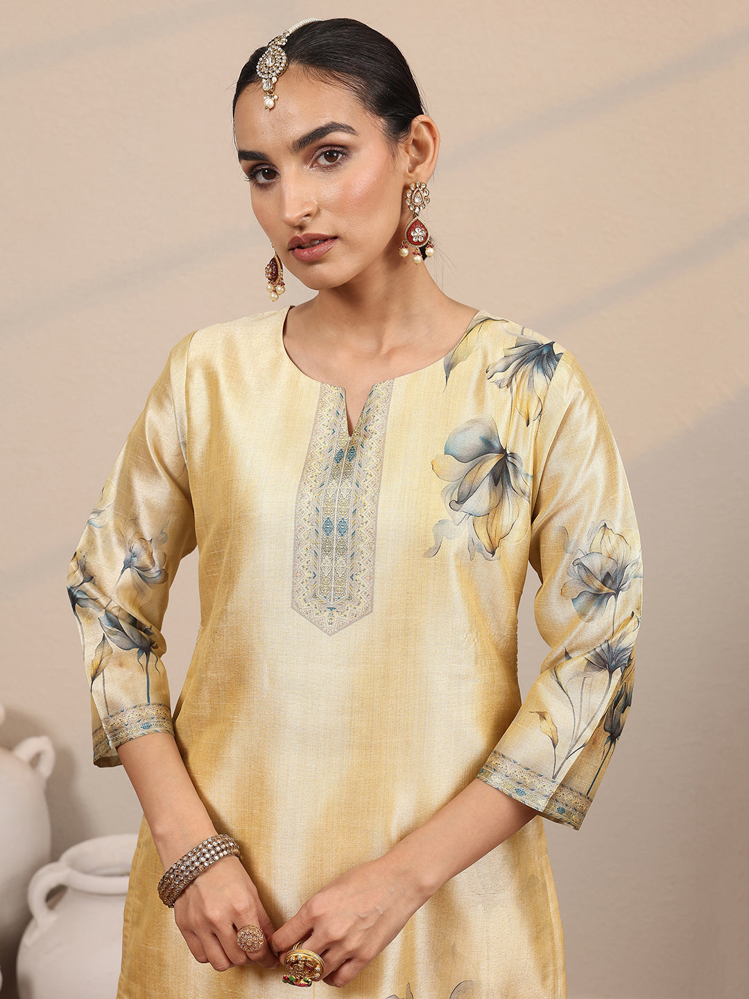 Beige Printed Silk Blend Straight Suit Set With Dupatta