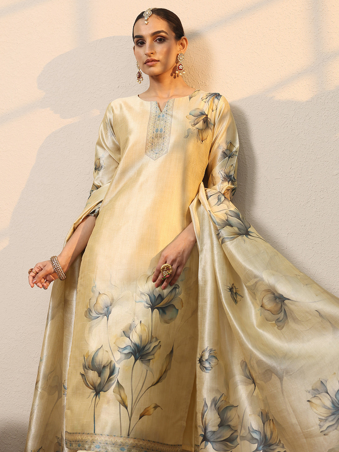 Beige Printed Silk Blend Straight Suit Set With Dupatta