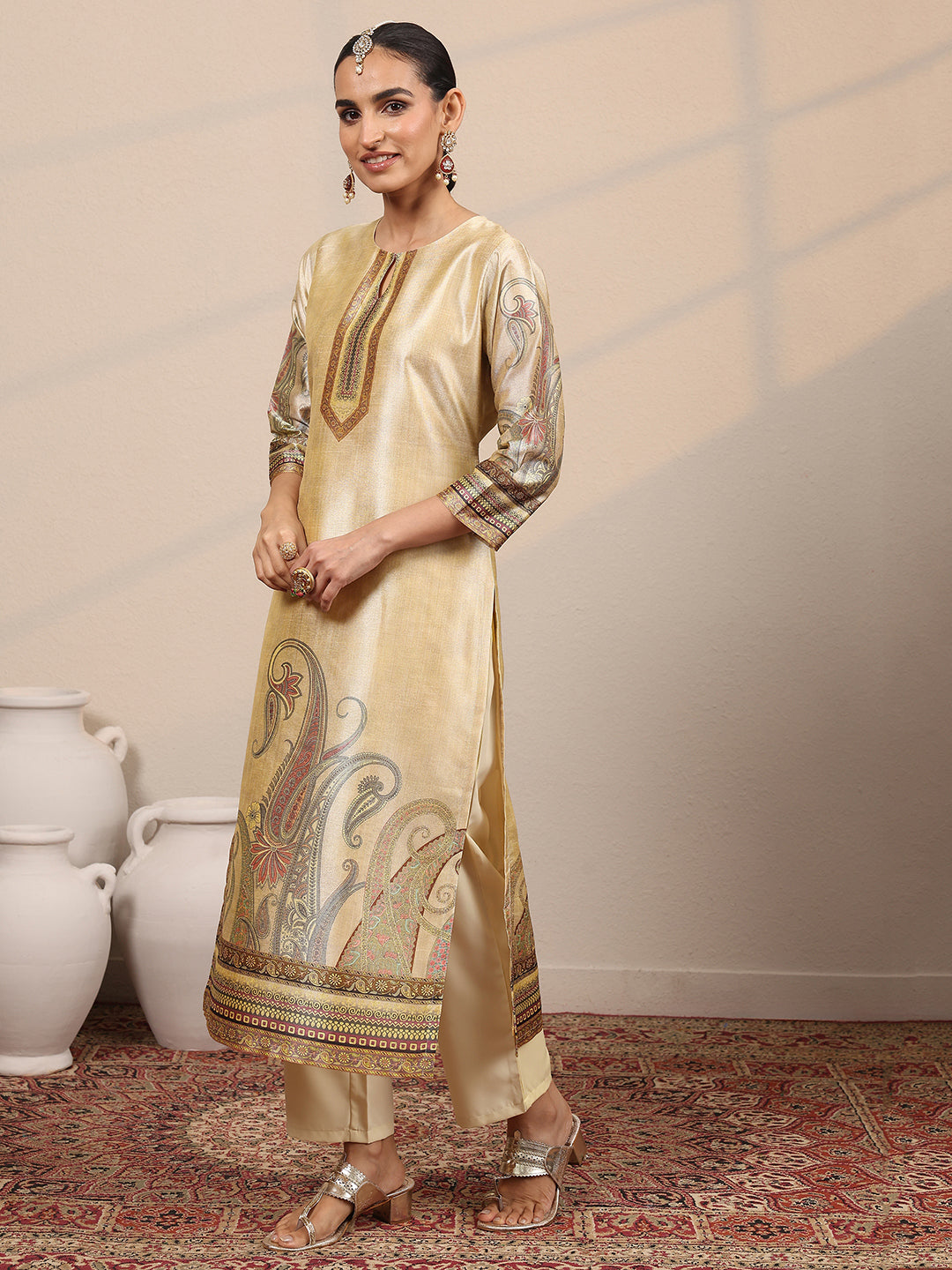 Beige Printed Silk Blend Straight Suit Set With Dupatta