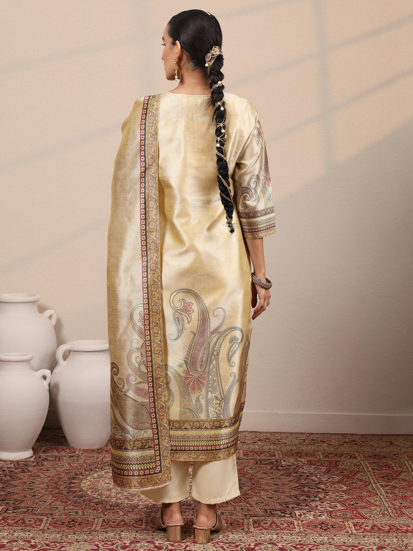 Beige Printed Silk Blend Straight Suit Set With Dupatta