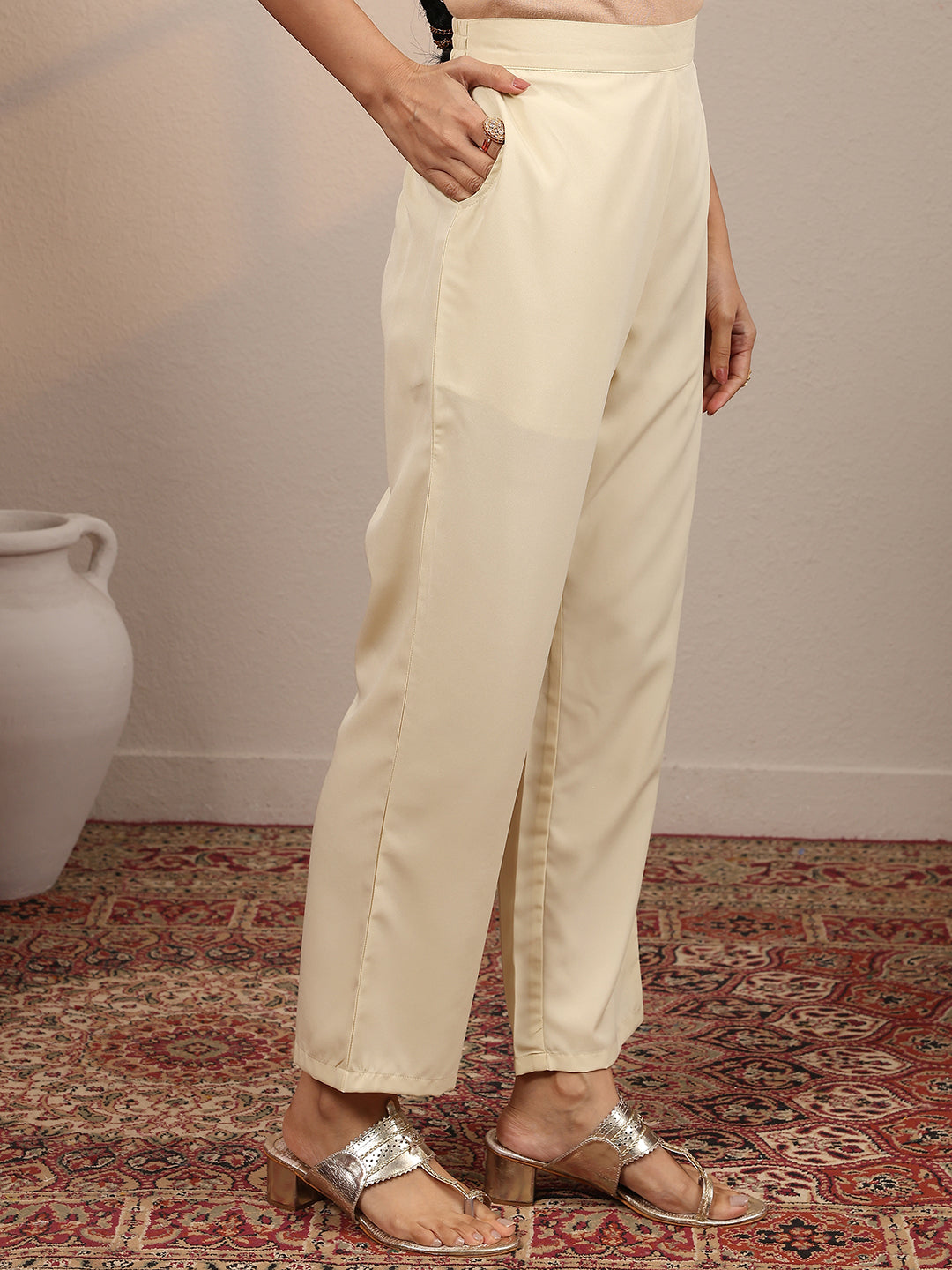 Beige Printed Silk Blend Straight Suit Set With Dupatta